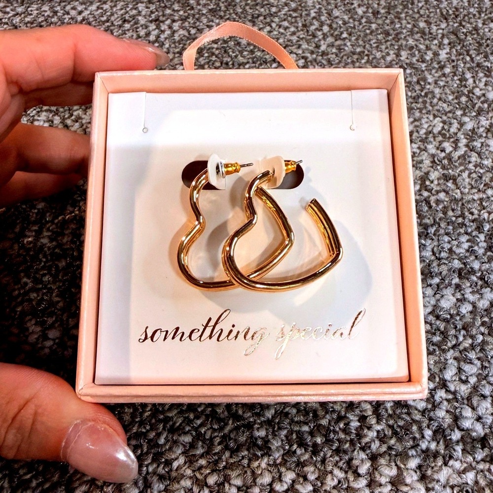 Something Special Gold Tone Triple Ribbed Heart Shaped Hoop Earrings Gift Boxed - Picture 3 of 5